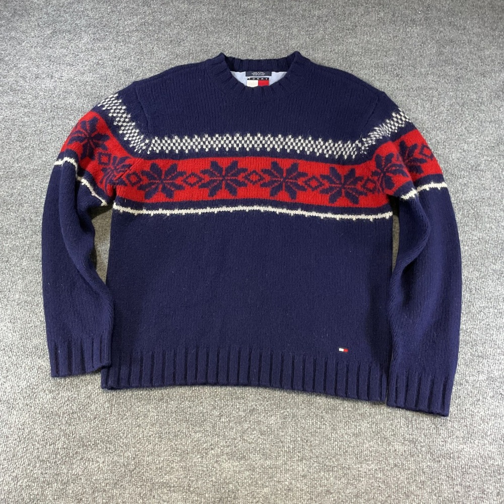 Tommy Hilfiger Mens XL Shetland Wool Fair Isle Snowflake Sweater Navy Blue Red